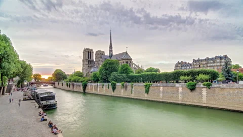Sunset view of Cathedral Notre Dame de Paris timelapse in Paris, France. Stock Footage 236644493