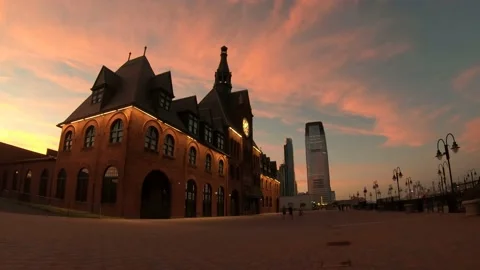 Sunset View of Central Railroad of New Jersey Terminal at Liberty State Park NJ Stock Footage