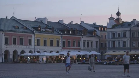 Sunset View of the Central Square in Zamosc, Poland Stock Footage 73483314