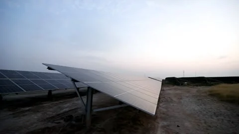Sunset View of Charanka Solar Park with Solar Panels in Gujarat India 03 Stock Footage 340559602