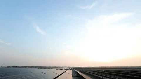 Sunset View of Charanka Solar Park with Solar Panels in Gujarat India 05 Stock Footage 340559632