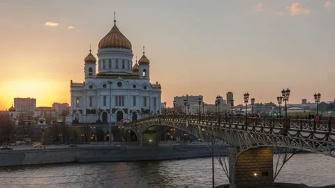 Sunset View of Christ the Savior Cathedral. Moscow Stock Footage 160964551