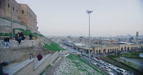 Sunset View From The Citadel At The Erbil Skyline in Erbil, Iraq Stock Footage 150345494