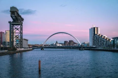Sunset view of the Clyde Arc or Squinty Bridge and river Clyde Stock Photos