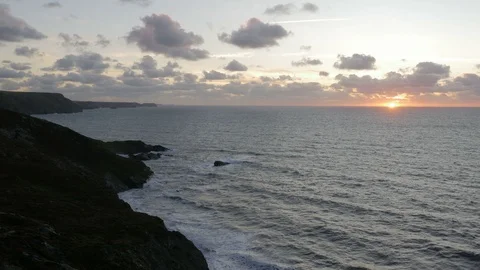 At sunset, view on the Coastal Path, Atlantic Heritage Coast, Cornwall Stock Footage 87045950