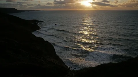 At sunset, view on the Coastal Path, Atlantic Heritage Coast, Cornwall Stock Footage 87046060