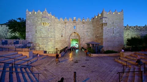 Sunset view of Damascus Gate in Jerusalem, Israel Stock Footage 337877168