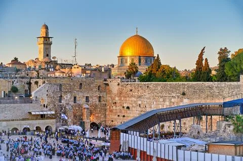 Sunset view of Dome of the Rock and Wailing Wall in Jerusalem Stock Photos