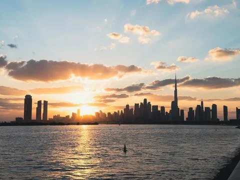 Sunset view with Dubai Skyline, Sunset in Downtown Dubai Stock Photos