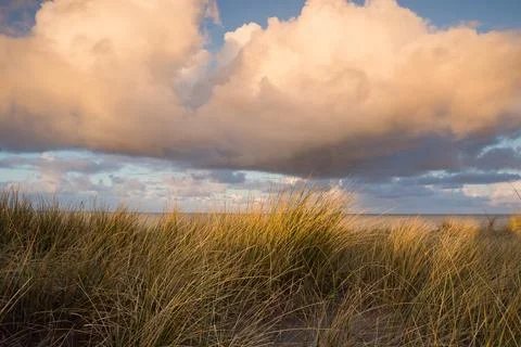 Sunset View from dune top over North Sea from the dutch islands Stock Photos