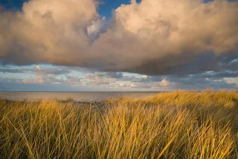 Sunset View from dune top over North Sea from the dutch islands Stock Photos
