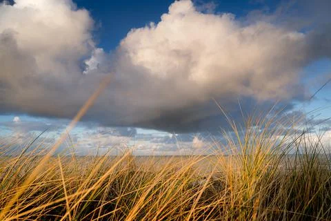 Sunset View from dune top over North Sea from the dutch islands Stock Photos