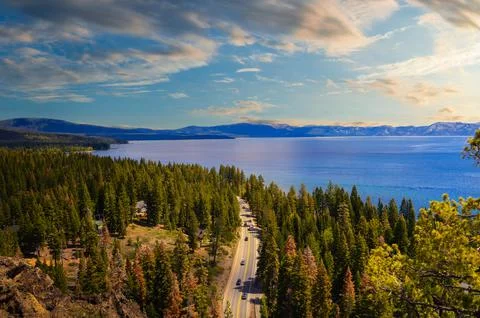 Sunset view from the Eagle Rock at Lake Tahoe and nearby road, California Stock-Fotos