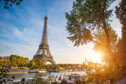 Sunset view of Eiffel tower and Seine river in Paris, France. Architecture and Stock Photos