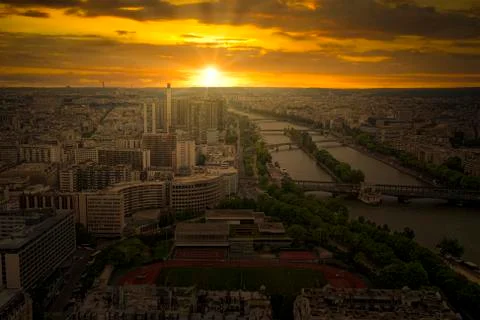 Sunset view from the Eiffel tower on Paris city, Champs de Mars, Trocadro and Stock-Fotos