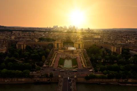 Sunset view from the Eiffel tower on Paris city, Champs de Mars, Trocadro and Stock-Fotos