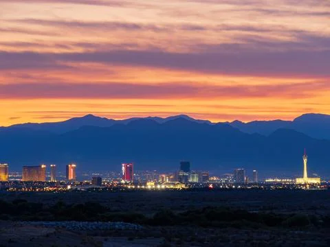 Sunset view of the famous strip skyline of Las Vegas at Nevada Stock Photos