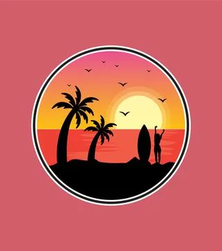 Sunset view on florida key beach with silhouette style Stock Illustration