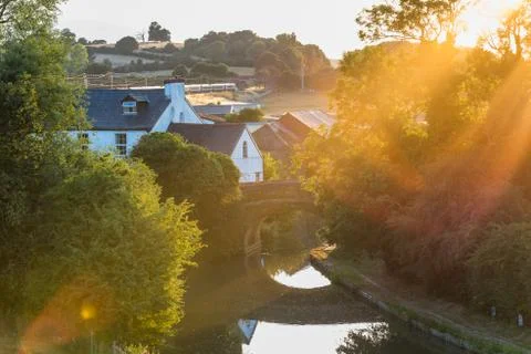 Sunset view flying midges over British rural landscape scene with river near Stock-Fotos