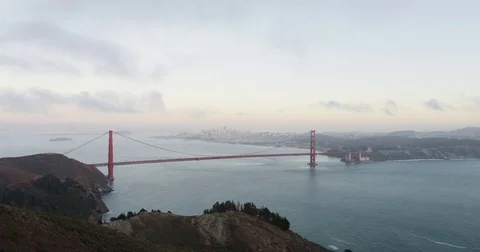Sunset view of The Golden Gate Bridge as seen from Hawk Hill in San Francisco, Stock Footage 81627902