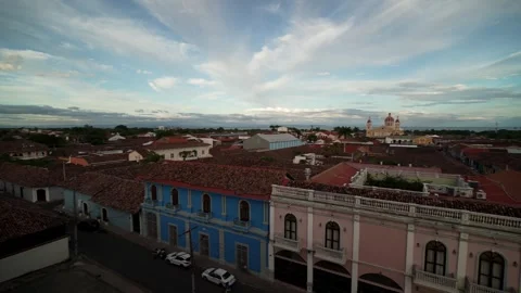 Sunset View of Granada's Rooftops and Church in Nicaragua Stock Footage 308083882
