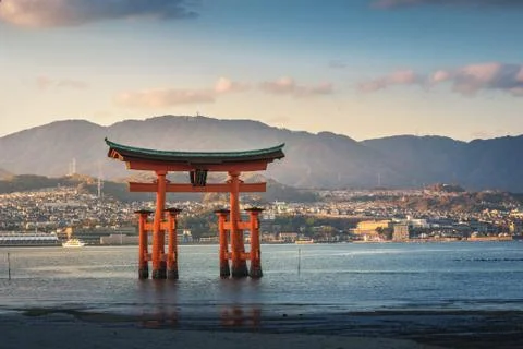 Sunset View with Great floating gate (O-Torii) on Miyajima island near Itsuku Stock Photos