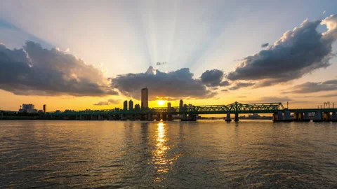 Sunset view at the Han river   crossing the bridge with subway Stock Footage 160110131