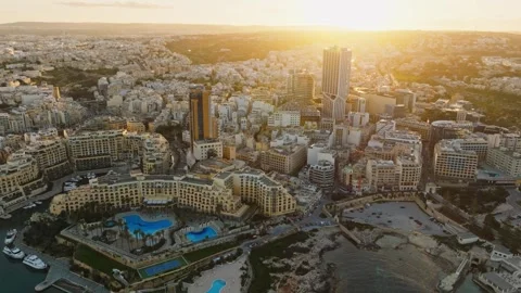 Sunset view of highest building of Malta island. St. Julian's city Stock Footage 268243782