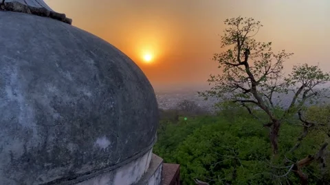 Sunset View with Historic Dome Overlooking City and Green Hills in India. Stock Footage 338224578