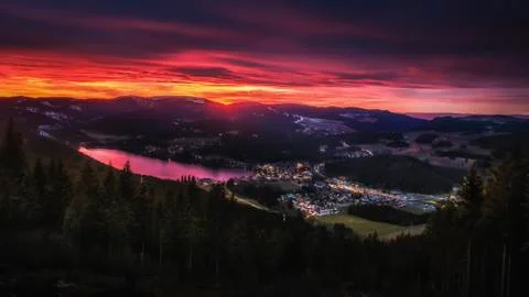 Sunset View From Hochfirst To Titisee Lake Stock Photos