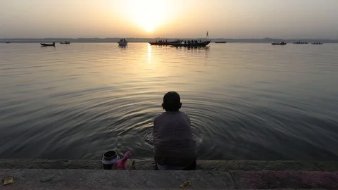 Sunset view from Holy River Ganga Stock Footage