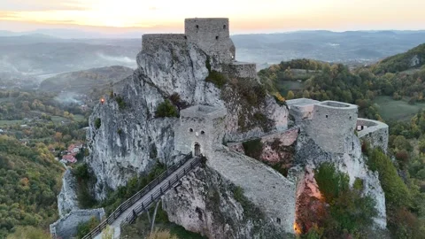 Sunset View of the Impenetrable Stone Citadel at Srebrenik Stock Footage 331875394