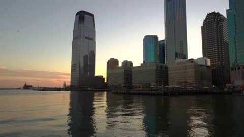 Sunset view of Jersey City's waterfront financial district, Exchange Place. Stock Footage 149446724