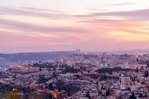 Sunset view of Jerusalem old and new city Stock Photos