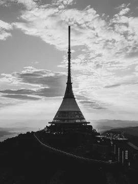 Sunset View of Jested Mountain Hotel in Liberec Stock Photos