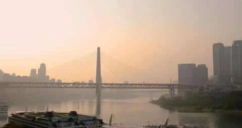 Sunset view of Jialing River joining Yangtze River at Chaotianmen, Chongqing Stock Footage 124417864