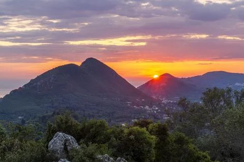 Sunset view from Kaiser's Throne viewpoint on the island of Corfu Stock Photos