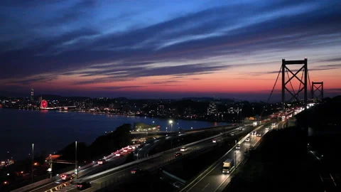 Sunset view of Kanmon Strait and Kanmon Bridge Stock Footage 161830602