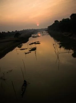 Sunset View with lake and river in the evening at Kaziranga Assam, India. Foto stock