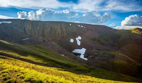 Sunset View of Lava Cliffs and Alpine Lake, Rocky Mountain National Park Stock Photos