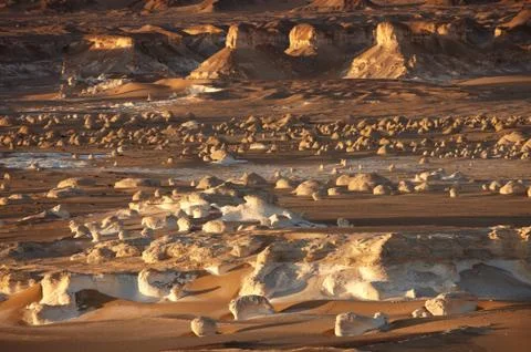 The sunset view on limestone formation rocks in the White Desert Stock Photos