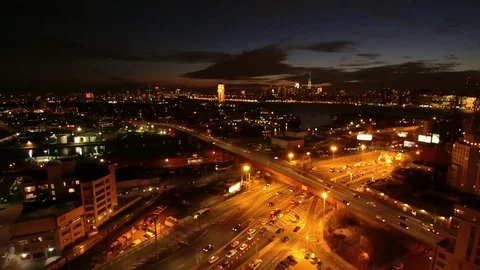 Sunset view of lower manhattan from Long Island City,  panning r-l Stock Footage 73739898