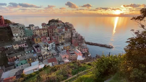 Sunset view of Manarola, Cinque Terre, UNESCO World Heritage Site, Italy, 4K Stock Footage 167226206