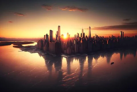 Sunset view of Manhattan in New York. Generative AI Stock Illustration