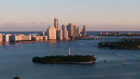 Sunset view of Miami Beach, South Point Park, and South Beach Miami. Coastal Stock Footage 295551553
