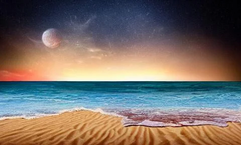 Sunset view with moon over sloping sandy beach Stock Illustration