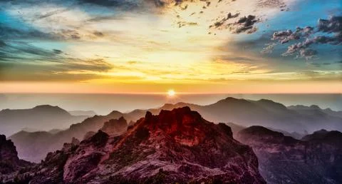 Sunset view in the mountain Stock Photos