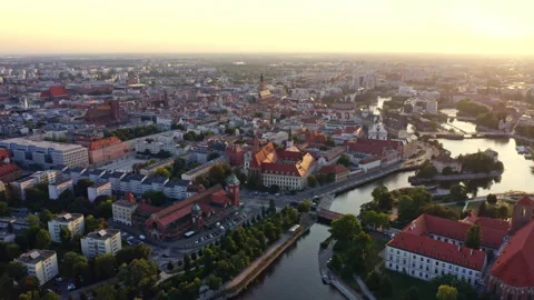 Sunset view on Oder river and old Center of Wroclaw, western Poland. Stock Footage 218682763