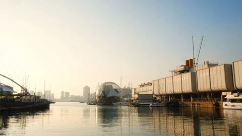 Sunset view of the old port of Genoa, the birthplace of Christopher Columbus Stock Footage 105559878