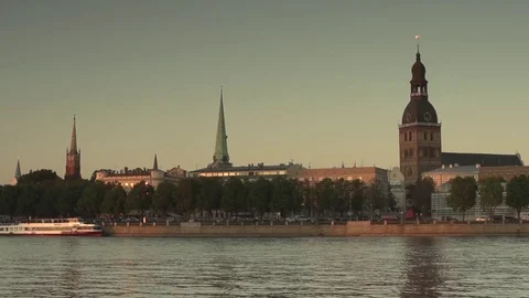 Sunset view of Old Riga from the boat Video stock 84942648